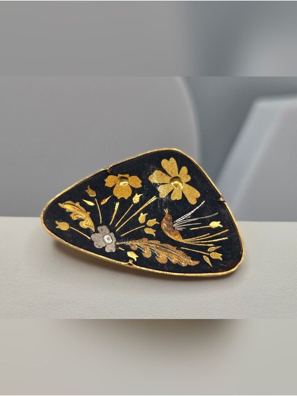 Vintage Spanish Damascene Brooch Bird Floral Toledo Style Gold Silver Inlay